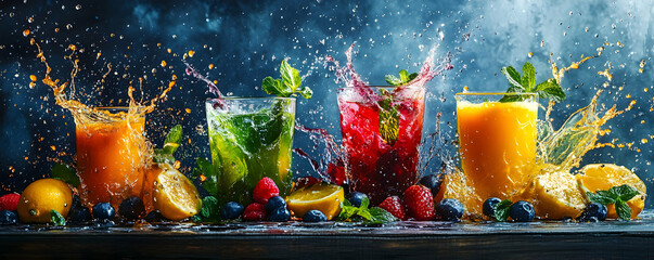 Four Colorful Refreshing Drinks Splashing with Fresh Fruits and Mint on a Rustic Wooden Table