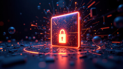The image depicts a stylized representation of cybersecurity featuring an electronic lock with digital particles and glowing effects around it, set against a dark backdrop with circular lights.