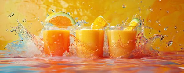Three Glasses of Orange Juice with Slices of Orange and Lemon Splashing Water on a Yellow Background