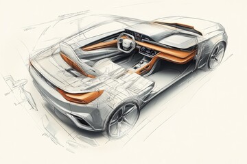 Automotive designer sketching futuristic car interior and exterior