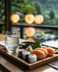 Warm glass of Japanese sake on wooden tray with sushi and sashimi in minimalist tea house with paper lanterns.


