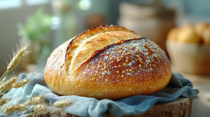 Golden Crust Artisan Bread on Rustic Wooden Surface - Realistic Photo