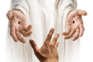 Lending Helping Hand is associated with the Savior Jesus Christ. Сlose-up of Biblical scene, concept of Holy Scriptures of Old and New Testaments, Christian religion
