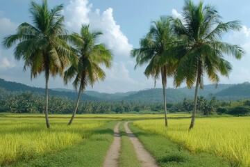 Dirt road leading through rice paddy flanked by palm trees