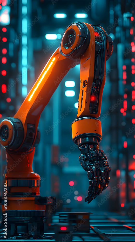 Aufkleber a close-up of a futuristic robotic arm reaching out in a sci-fi factory setting with glowing lights