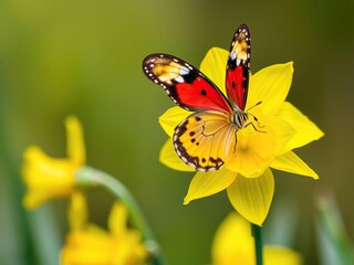 Fototapeta premium Colorful butterfly perched on a bright yellow daffodil, vibrant colors, delicate petals