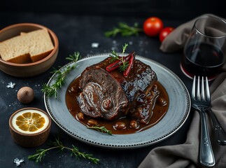 Traditional braised marinated German Sauerbraten dish from beef with spicy brown sauce