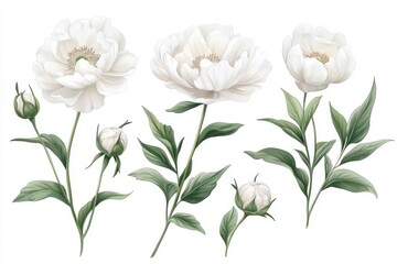 set of botanical watercolor white peony flowers and greenery for printing on wedding invitations, fabric or paper