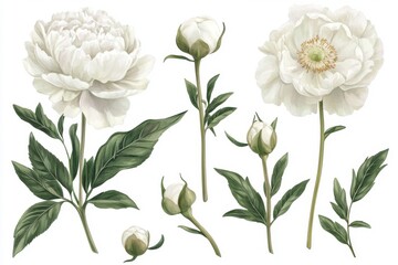 set of botanical watercolor white peony flowers and greenery for printing on wedding invitations, fabric or paper