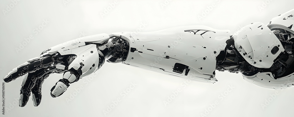 Poster 3d render of a white robotic arm reaching out with a detailed mechanical design