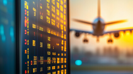 A digital departure board displays flight times and gate information in an airport with airplane background. Generative AI