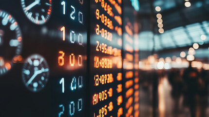 Simple train or bus station time table, different arrival and departure hours mechanical dot display detail, close up, rush, haste abstract concept, nobody. Generative AI