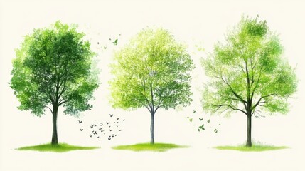 Obraz premium Three Trees with Green Leaves and Butterflies - Nature Illustration