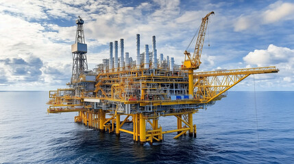 A huge yellow of offshore oil rig drilling platform in the gulf of Thailand, Process platform for production oil and gas, Petroleum production and exploration industrial. Generative AI