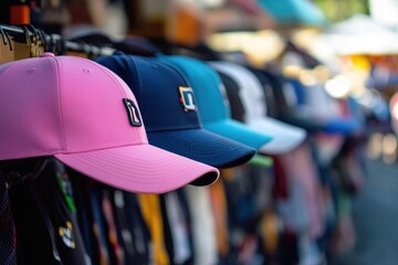 Obraz premium A display of colorful baseball caps hanging on an outdoor line