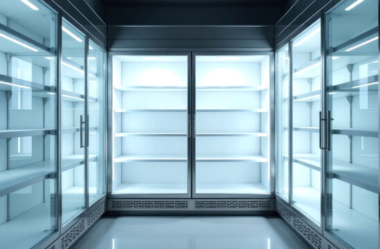 A sleek refrigerated display case with empty shelves stands in a grocery store, highlighting minimalism and emptiness