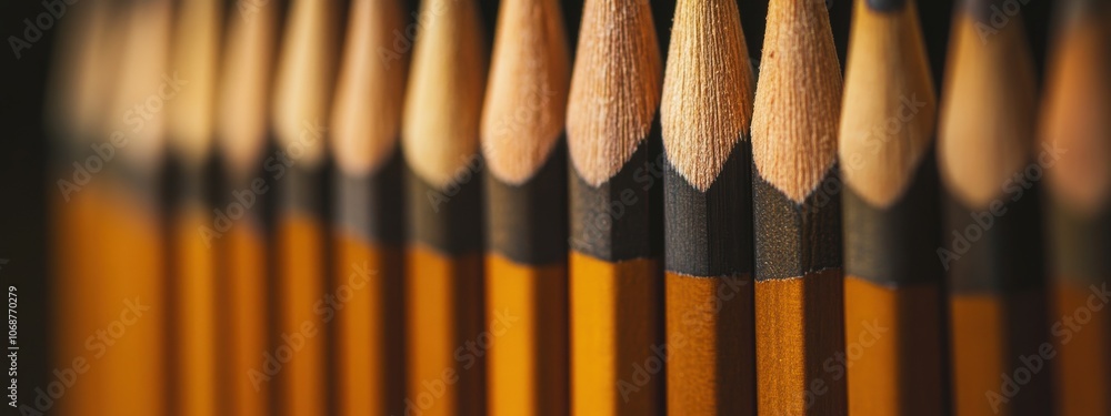 Poster uniform pencils arranged meticulously in a straight line, showcasing simplicity and order in design 