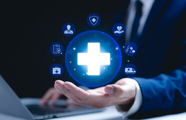 Health insurance and Medical care concept. Plus signs or cross icon with healthcare symbols, representing health insurance, medical care, and wellness services. healthcare support and protection.