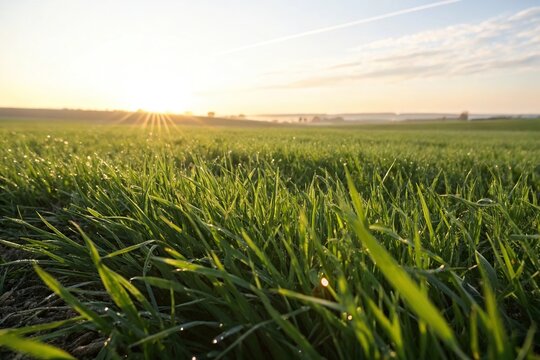 High-definition grass field with a subtle grid pattern, showcasing the texture of the blades and the sun's reflection on the surface, grass texture, landscape, grass fields, sports scene