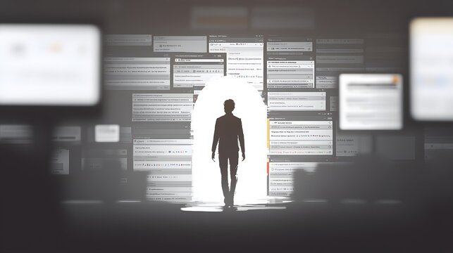 Search Engine Arch: A person walks through an archway formed by search engine result pages. The pages overlap, displaying snippets of information. The background features blurred screens with 