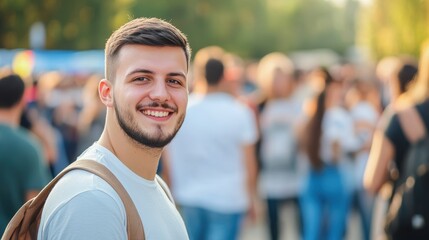 Fototapeta premium Happy young man with beard smiling at outdoor event, surrounded by a lively crowd.