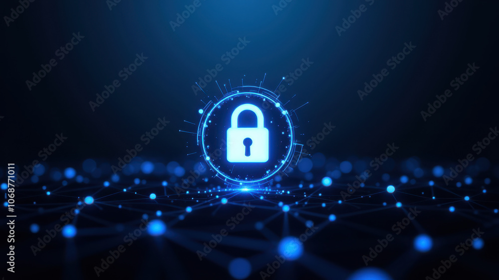 Poster iconic lock symbol with digital background representing cybersecurity and data protection.
