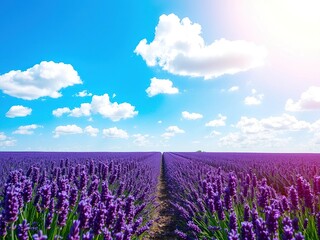On a bright sunny day, a lush lavender field stretches across the horizon, backed by a brilliant blue sky dotted with puffy white clouds that look like cotton candy, open space, sunshine, fields