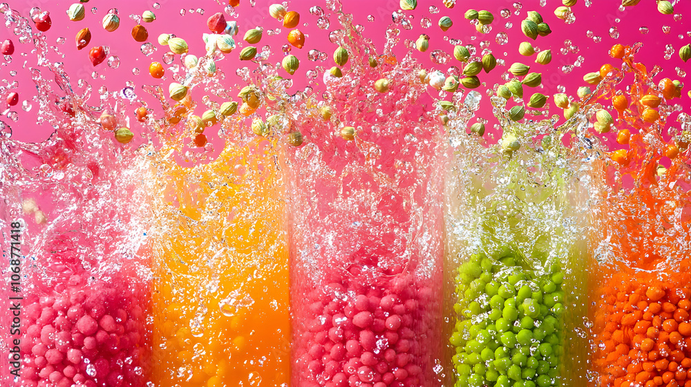Poster vibrant colorful spheres submerged in water with splashing action and pink background