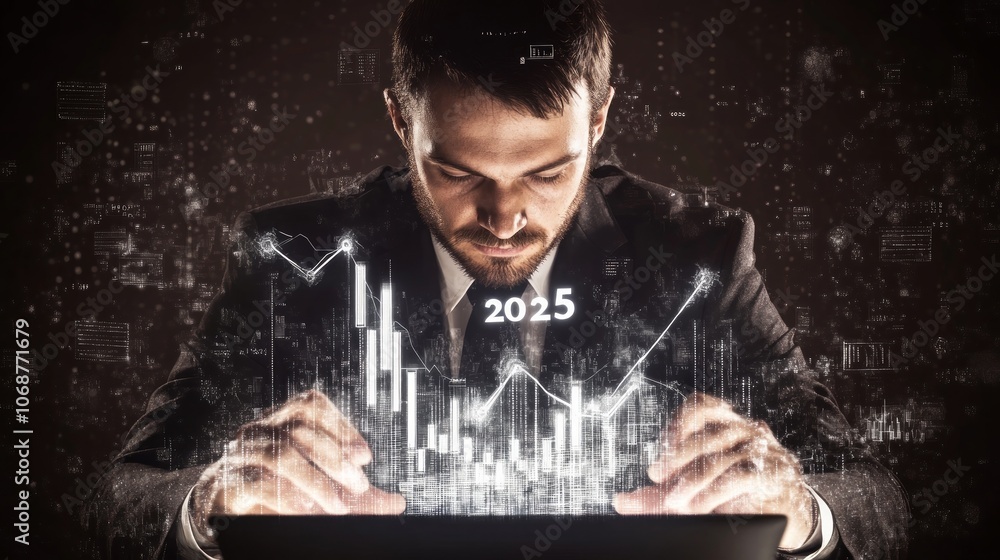 Poster a businessman working on a laptop with a futuristic digital display showing a graph and the year 202