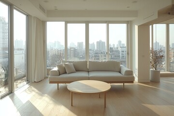 Obraz premium Minimalist, mid century modern interiors in residential living rooms with windows visible and white sofas and tables. Generative AI 