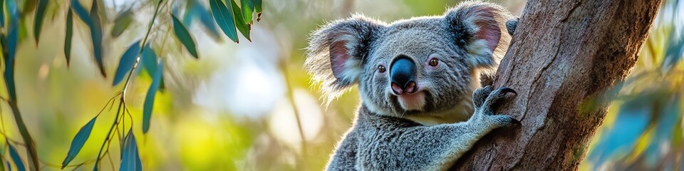 Fototapeta premium Koala clinging to tree, looking cute in natural habitat