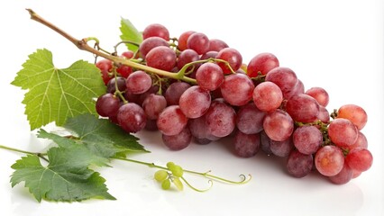 Obraz premium Ripe red grapes with a few green leaves and stems, macro, leaves