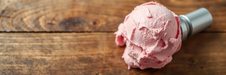 Scoop of pink ice cream with wavy texture on a wooden table, refreshing, pastel, creamy
