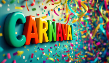 A imagem exibe a palavra "CARNAVAL" em letras coloridas e brilhantes, rodeada por confetes e serpentinas, capturando a ess&ecirc;ncia festiva e alegre do carnaval.

