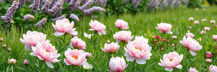 Fototapeta premium Soft pink watercolor peony flowers scattered on a lush green meadow with lilac bushes in the background, nature photography, spring blossoms, lilacs