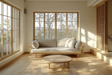 Minimalist, modern Scandinavian interior in a well-lit house living room with large windows and sofa and table. Generative AI
