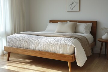 A midcentury modern interior in a residential bedroom with a comfortable bed. Generative AI
