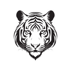 tiger head, detailed line art, black on white background, sharp focus on eyes