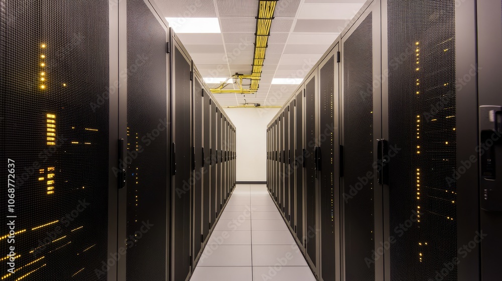Poster data center corridor with server racks and lights