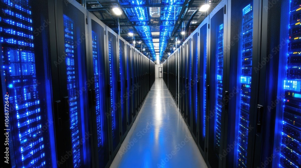 Poster modern data center with rows of server racks
