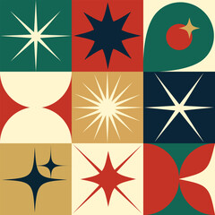 Seamless pattern with Christmas mid century modern style stars and sparkles. Hand drawn geometrical vector illustration