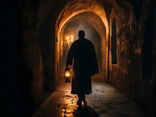 Monk Carrying Glowing Lantern Through Dark Monastery Halls