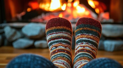 Feet in cozy cabin socks, warm and snug by the fire, National Sock Day moment