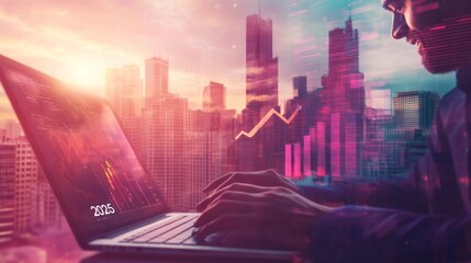 Obraz premium A businessman working on his laptop with a cityscape in the background, with a graph overlaying the city.