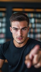 Obraz premium Focused young Caucasian man gesturing assertively in a modern library setting.