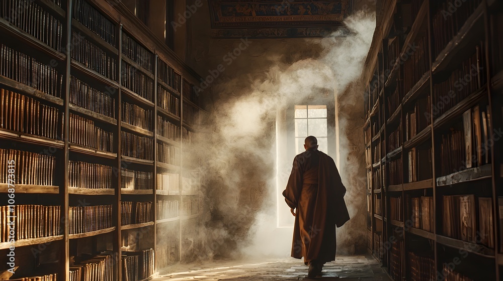 Poster monk exploring the ancient library s wisdom filled scrolls and books