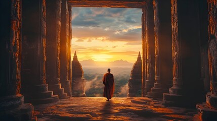 Fototapeta premium Monk Silhouetted at Entrance of Majestic Ancient Temple Overlooking Scenic Valley at Sunset