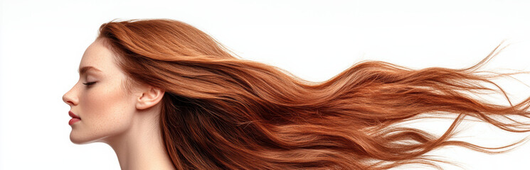 Profile of a woman with long, flowing red hair against a white background. Her eyes are closed, and her hair is shown blowing in the wind.