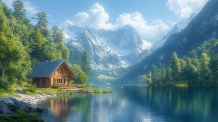 Fototapeta premium wood cabin nestled by a serene lake, surrounded by towering trees and majestic mountains, creating a picturesque natural landscape that invites tranquility and connection with nature