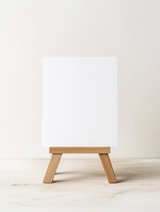 A blank A5 landscape card standing upright on a wooden stand against a white background, creating a warm and inviting atmosphere